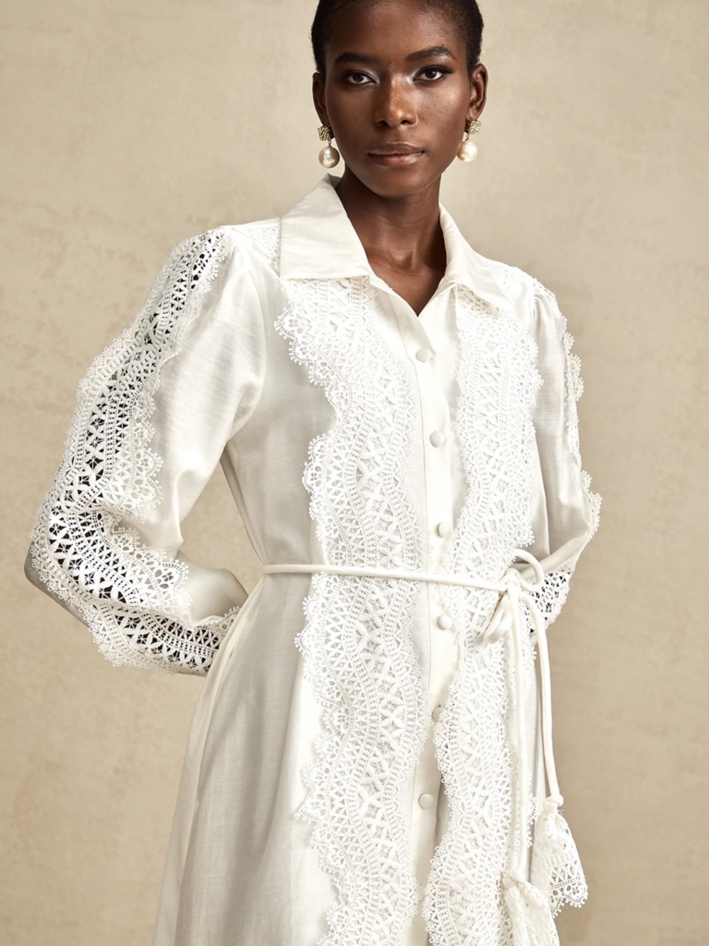 White Lace-Trim Long Button-Down Dress - Picture 3 of 10